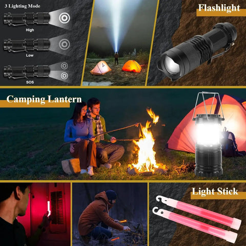 Image illustrating components of 318 Piece Emergency Survival Kit With Comprehensive Survival Gear And First Aid Supplies, ideal for camping.