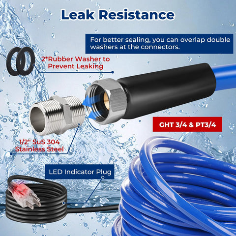 RV heated water hose, 30 ft, blue with stainless 1/2 in fittings, GHT 3/4 & PT3/4 connectors, LED indicator plug