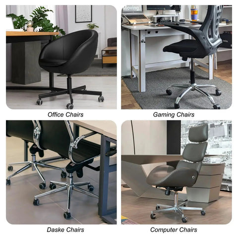 Collage of various office chair types showing wheels suitable for 3 Inch Office Chair Wheel Replacement 5 Pack with 7/16 Inch by 7/8 Inch