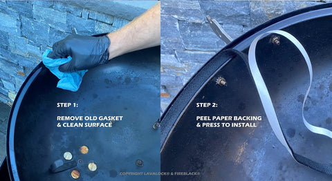Fireblack hi-temp BBQ smoker gasket, self-stick, black, 15 ft; Step 1 cleaning surface, Step 2 removing backing to install.
