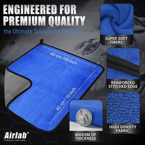 Ultra Thick 800GSM Microfiber Towels For Cars Pack Of 4 16 X 16 Inches Blue Gray showing close-up of soft fibers and stitched edges.