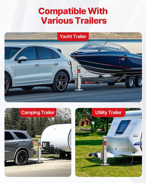 Trailer jack, heavy-duty 8000 lb capacity, mounted on a boat trailer beside an SUV; steel construction.

Trailer jack beside camping trailer on a road; 8000 lb capacity, steel construction.

Trailer jack installed on utility trailer; heavy-duty steel build, 8000 lb capacity.