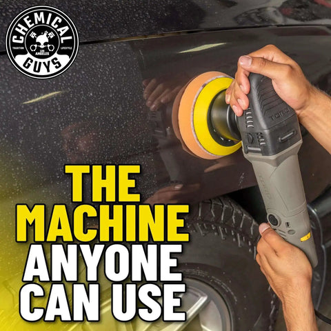 Person using TORQX Dual Action Random Orbital Polisher for cars, polishing black vehicle, focus on polisher tool and pad.