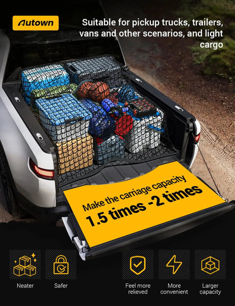 Stretchable Cargo Net for Pickup Truck Bed 4x4 to 7x7 With 1x1 Fine Mesh And 8 Carabiners secured over cargo in truck bed.