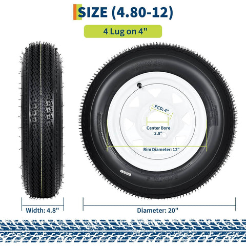 4.80-12 Bias Ply Trailer Tire and Wheel Assembly Set of 2 with white 12 inch spoke wheel four lug four inch PCD load range C 6PR