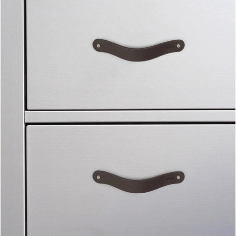 Set Of Four Full Grain Leather Drawer Handles Handmade In Bourbon Brown With Pre Made Holes For Easy Installation Durable And Stylish Furniture Hardware For Dressers Armoires And Cabinets Ideal For DIY Renovations installed on silver drawers