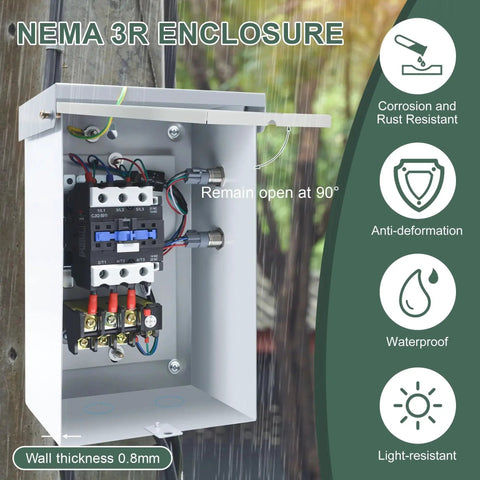 Heavy Duty 14.5 HP 3 Phase Magnetic Motor Starter For 208 240V Systems, 10.8kW, NEMA 3R enclosure, open view in rain.