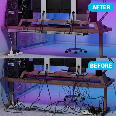 Before and after using Open Slot Wire Duct Kit for Desk and Server Racks, showing organized cable management, 125.6 inch length