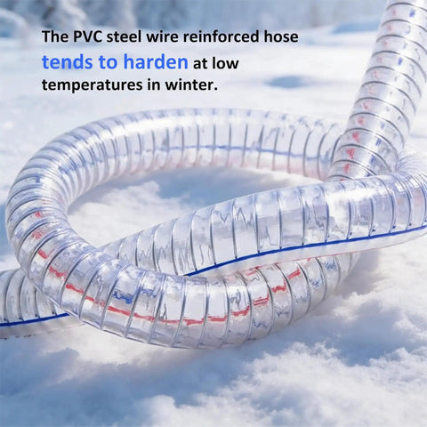 Close-up of Beefy Ten Foot Steel Wire Reinforced PVC Vacuum Hose on snow, highlighting durability in winter conditions.
