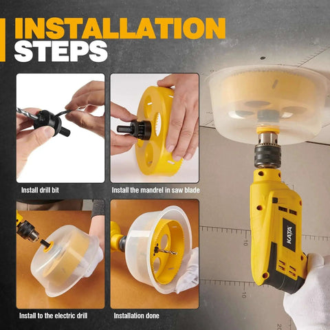 Installation steps of 6 Inch Hole Saw For Recessed Lights With Dust Bowl And Silicone Catcher, Includes Arbor, Replacement Drill Bit And Hex Key For Drywall Ceiling Can Light Installation, DIY Friendly For Quick Home Upgrades.