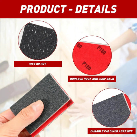 Close-up of 24 Piece Sanding Sponge Set 80 To 3000 Grit for wood, metal, drywall; showing durable red hook and loop back.