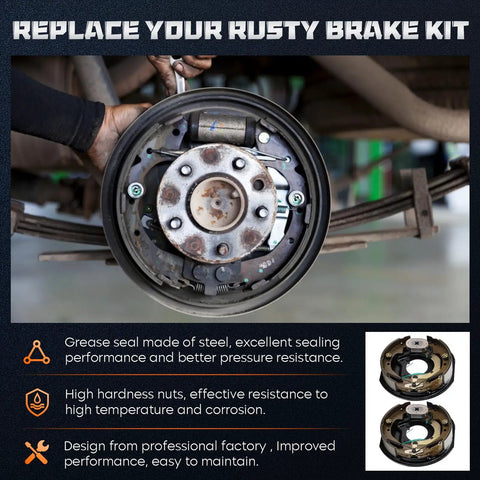 Trailer electric brake assembly 10 x 2-1/4, rusted metal drum with hub and springs, front view.