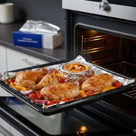 Heavy Duty Pre-Cut Aluminum Foil Sheets 12 x 10.75 Inches With Pop Up Dispenser used for baking chicken and vegetables in oven