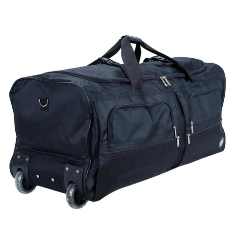 Black Soft Sided Rolling Duffel Bag 36 Inch with Heavy Duty Polyester, inline skate wheels, retractable handle, five exterior pockets and stand.