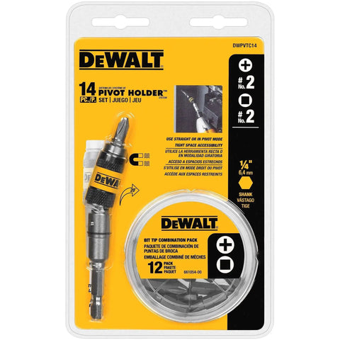 Pivot Bit Holder Set With Magnetic Bit Holder And 14 Screw Driving Bits For Tight Spaces Rapid Load And Quick Access In A Durable Plastic Case Dewalt DWPVTC14 in packaging