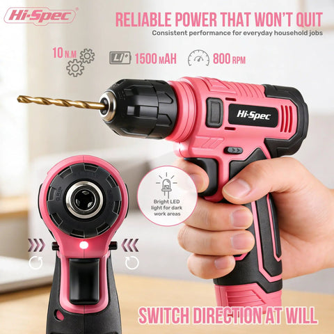 Person holding a pink 8V cordless drill with LED light, part of Pink 8V Cordless Drill Set And Tool Kit For Women Lightweight Rechargeable Power Drill Driver With Starter Tools Compact Hand Toolbox Ideal For Home Projects.