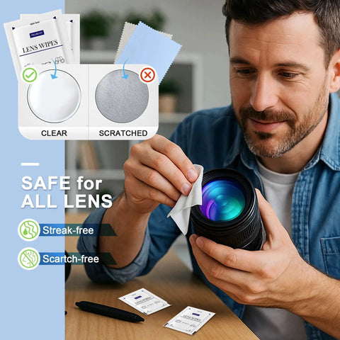 Person using Lens Wipes For Glasses Cameras And Screens 200 Count Streak Free Ammonia Free to clean camera lens