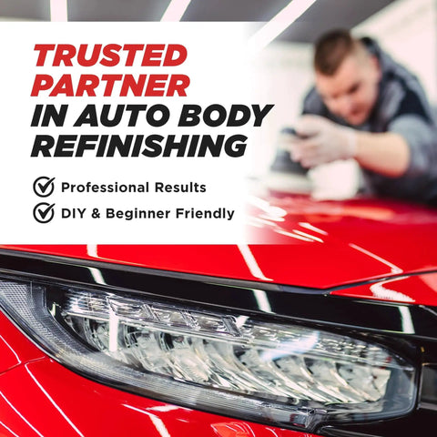 Auto body refinishing with technician working on red car, highlighting professional results and beginner-friendly approach.
