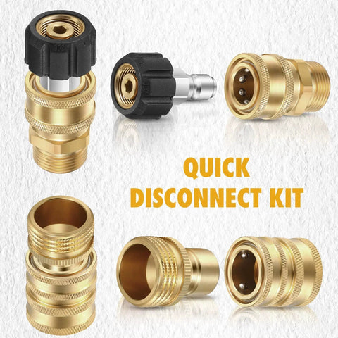 Sixteen Pack Pressure Washer Adapter Set With M22 Swivel To Half Inch Connect And Three Eighths Inch Quick Release Includes Three Eighths Inch And Half Inch Plugs And Three Quarter Inch Female And Male Swivels For Garden Hoses displayed on a light background.