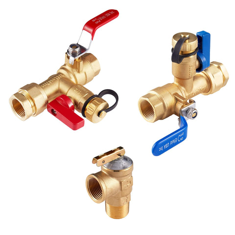 Three brass 3/4 in IPS isolator tankless water heater service valve kits with red and blue handles and relief valve