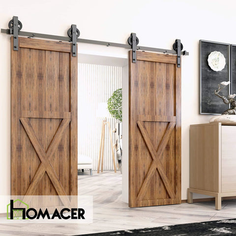 Installed Black Rustic Non Bypass Sliding Barn Door Hardware Kit For Two Doors 12 Foot Flat Track With Spoke Wheel Rollers