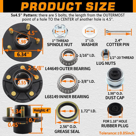 Two Pack Heavy Duty Trailer Hub Kit for 3500 Lb Trailers 5 Lug 4.5 Inch Bolt Pattern Fits Tapered EZ Lube Spindle components diagram