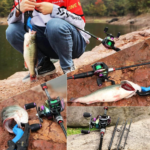 Moisture Reel And Fishing Rod Combo 1.8 To 2.1 Meter Carbon Fiber Baitcasting Rod in use by angler on rocky shore.