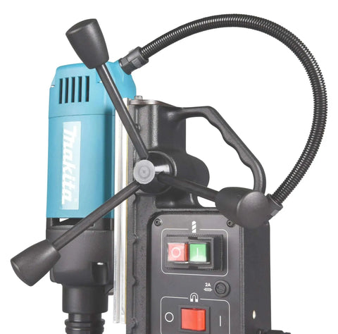 Front view of Portable Magnetic Drill For Steel With One And Three Eighths Inch Capacity And Two Inch Thick Cutting, A Real Workhorse With 850 RPM From A Ten Amp Motor, Lightweight And Compact For Tight Spaces, Removable Guard, Spindle Coolant System Makita HB350