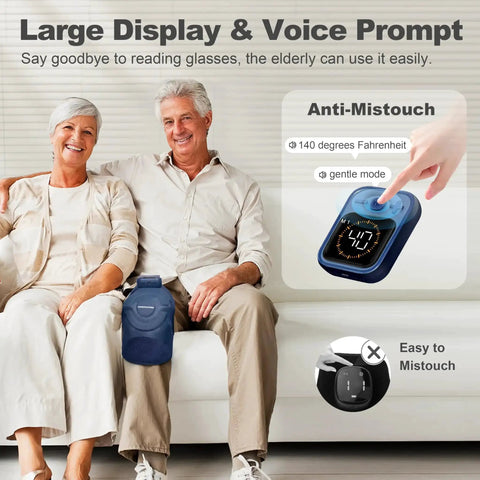 Elderly couple using Cordless Knee Massager for Pain Relief With Four Motors, Five Heat Levels in blue, showing anti-mistouch feature
