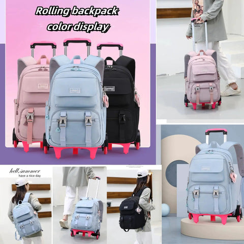 Rolling Backpack Luggage With Wheels Trolley Bag For Travel For Girls And Boys Large Capacity with multiple pockets on display