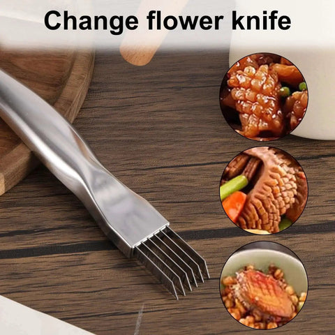 Green Onion Crinkle Cutter Stainless Steel Multi Blade Shredder Knife For Vegetables Scallions Onions Garlic And Chives Kitchen Slicer Tool Silver Must Have Easy To Use Dishwasher Safe displayed on a wooden surface with close-up cooking examples.
