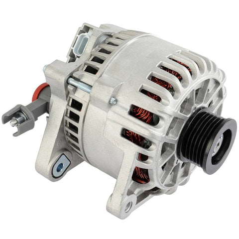Beefed Up Alternator Compatible With Ford Escape Two Point Oh Liter 2001 Through 2004 And Ford Focus Two Point Oh Liter 2000 Through 2004 OE 8260N 8264N Replacement For Reliable Charging Easy Install Durable Output And Smooth Electrical System Operation showing side view with mounting brackets and pulley.