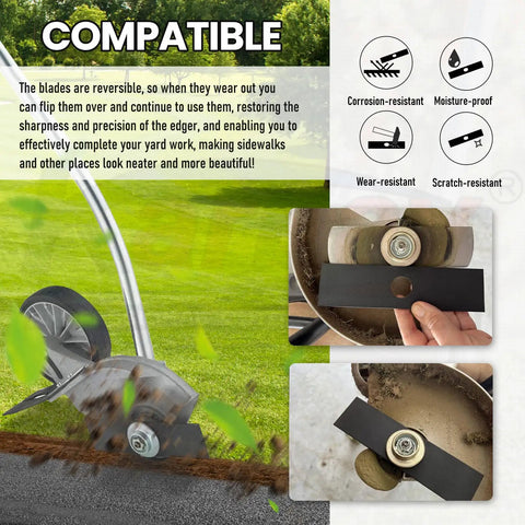 Front view of five black metal edger blades with 1-inch center hole for lawn edgers, compatible with Ryobi, Echo, Stihl, Maruyama, Green Machine.