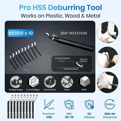 Pro HSS deburring tool set for plastic, wood, metal showing 360° rotation functionality and ten BS1010 blades