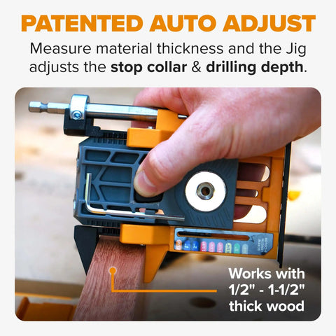 Close-up of Mini Pocket Hole Jig Kit Auto Adjusting Portable System for woodworking, showing calibration features and stop collar.