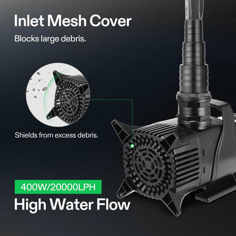 VIVOSUN 5284 GPH submersible pond pump, 400W, black plastic housing with tall intake tube and mesh cover