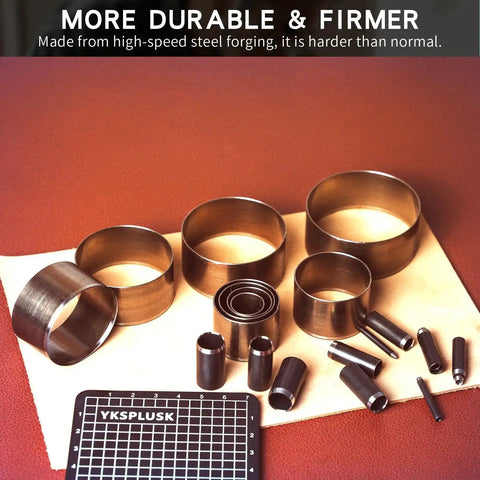 Leather Circle Cutter Set 31 Piece Circle Punch Kit with 1mm to 55mm Holes, shown on a leather sheet with measuring grid pad.