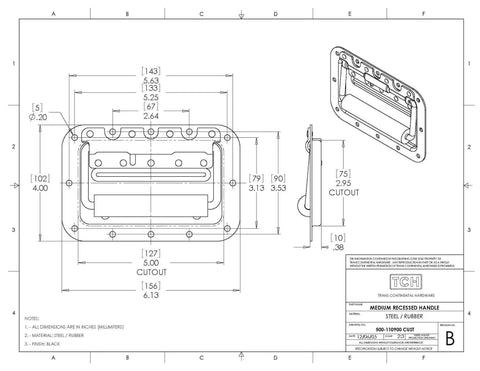 Technical drawing of Two Pack Medium Spring Loaded Recessed Handles in Black Powder Coat on Sixteen Gauge Steel with Padded Grips.