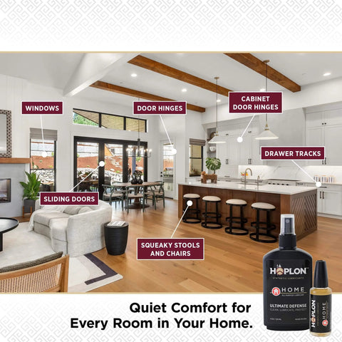 Interior showing uses for All-In-One 5oz Synthetic Ester Lubricant Spray With Precision Needle For Door Hinges, Garage Doors, Sliding Tracks