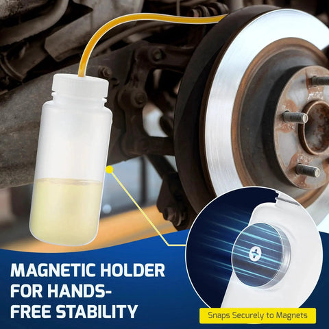 Dreyoo 16oz one-man brake bleeder kit bottle with yellow hose connected to car brake rotor, magnetic holder.
