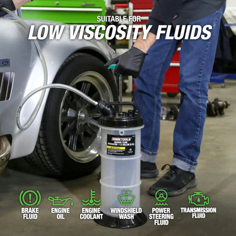 Manual Fluid Extractor Pump For Oil, Coolant, And Transmission Fluid, 1.4 Gallon Capacity, shown in a garage setup.