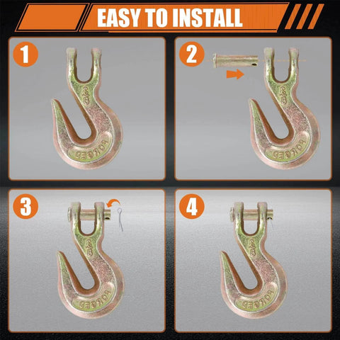Installation steps for Three Eighths Inch Chain Hooks Grade 70 heavy duty clevis grab hooks forged alloy steel 7,100 lb.