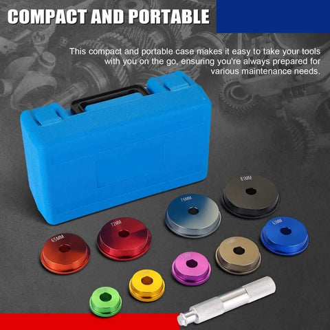 10 Piece Universal Bearing Press Kit With Seal Bushing Drivers And 9 Adapters including blue case and multi-colored adapters