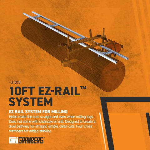10 Foot EZ Rail Sawmill Kit For Chainsaw Milling Portable Linear Sawmill Rail System With Aluminum Rail Log Cutting Attachment Easy Setup Four Cross Members No Frills Woodworking Milling Accessories displayed on orange background.