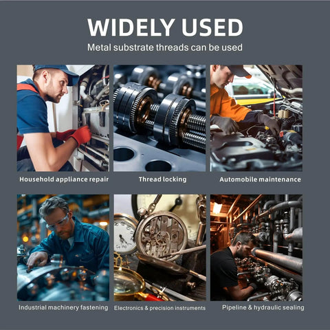 Collage showing Red M271 Thread Locker High Strength For Metal Bolts And Nuts used in various industrial applications.