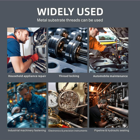 Collage of images showcasing uses of 10ml Four Pack Thread Locker For Nuts And Bolts M222 M243 M272 M290 in various industries.