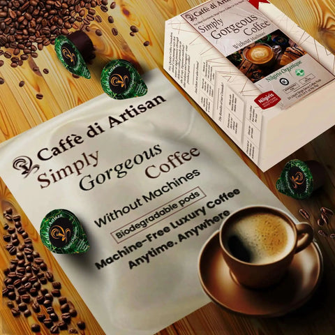 Nilgiris Organique Liquid Coffee Pods Medium Dark Arabica Roast 24 Count Peel And Pour Convenience For Cold Brew Iced Or Hot Coffee Machine Free Eco Friendly Gourmet Flavor shown with packaging and a cup of coffee.