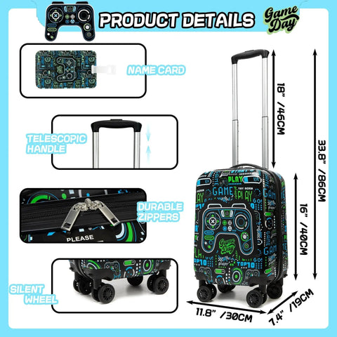 Kids 3 Piece Luggage Set 16 Inch Hardside Suitcase with Spinner Wheels, telescopic handle, durable zippers, gaming design.