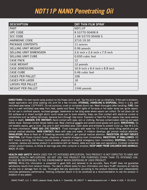 Back label of Fast Acting Penetrating Oil Spray 11 Oz For Rusted Bolts Nuts And Threads - Military Grade Lubricant With Nano Diamond Technology