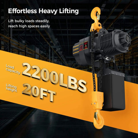 Shop Ready Electric Chain Hoist With 2200 Lb Capacity, 20 Ft Lift Height, shown in a warehouse setting.